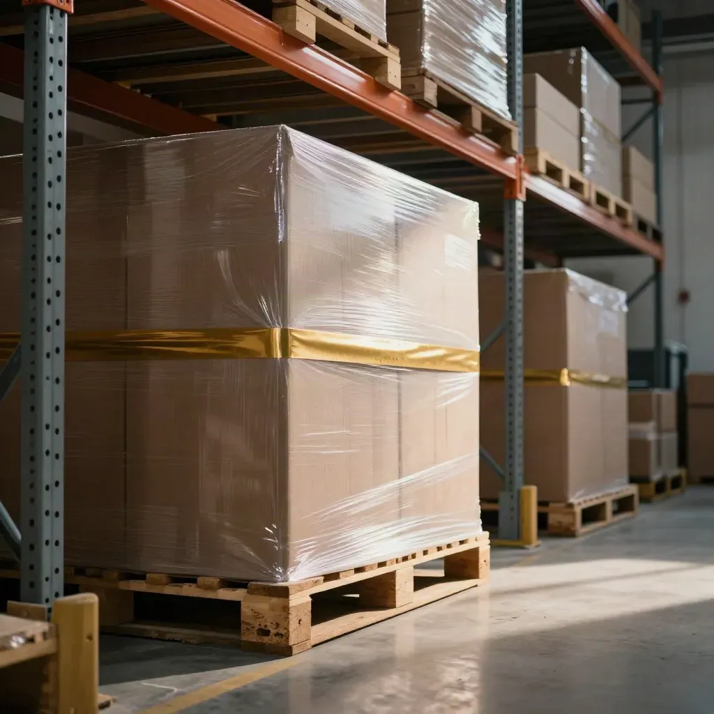 Expanded stockroom with stacked cartons on a pallet, shelving, haze, and warm warehouse light