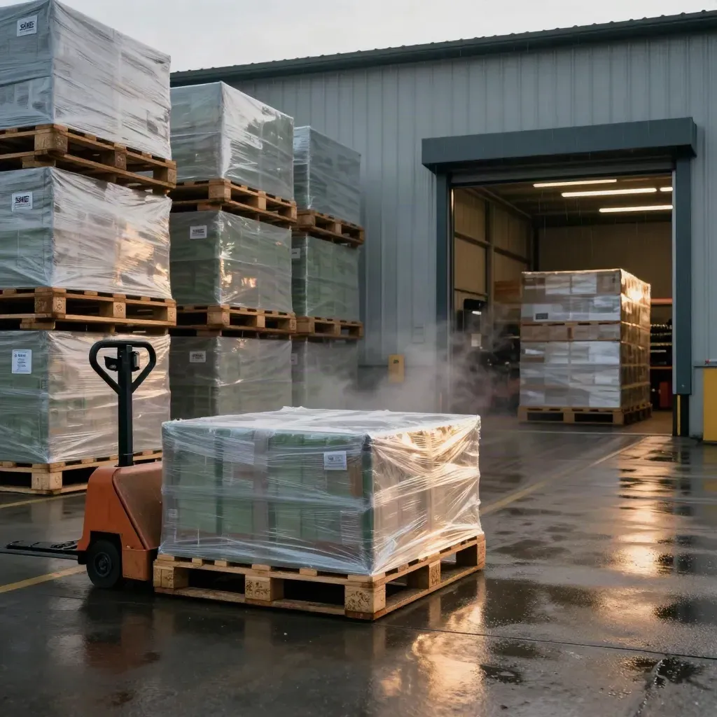 Rainy warehouse loading bay with pallets, crates and a pallet jack in dramatic light.