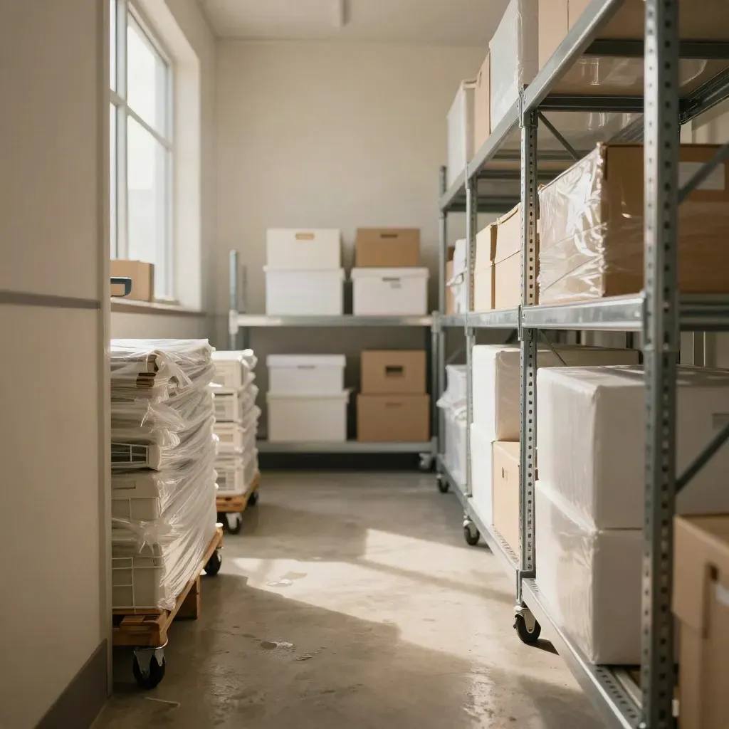 Neatly ordered crates in a chilled distribution room with a calm central aisle