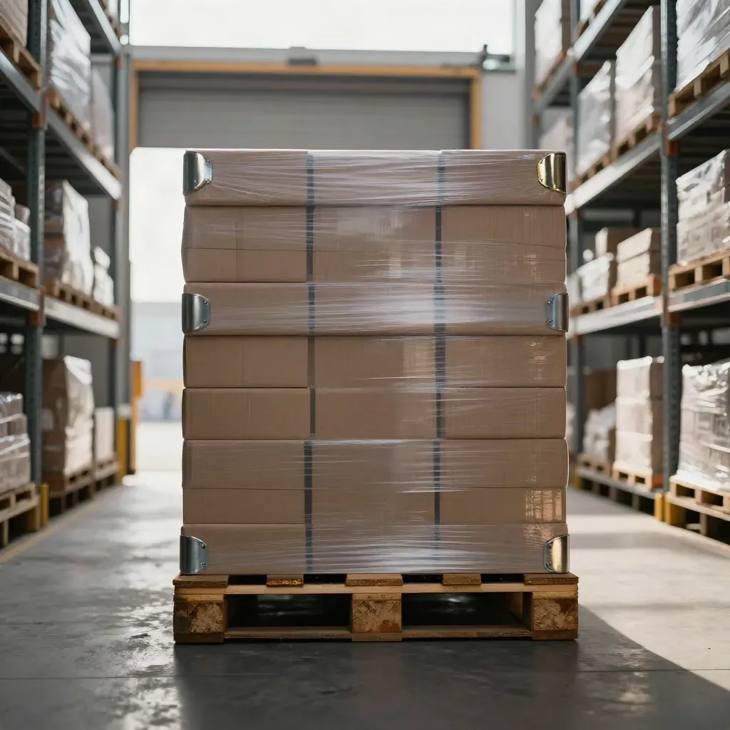 Replenished stockroom aisle with cartons on pallets and vapor at the dock.
