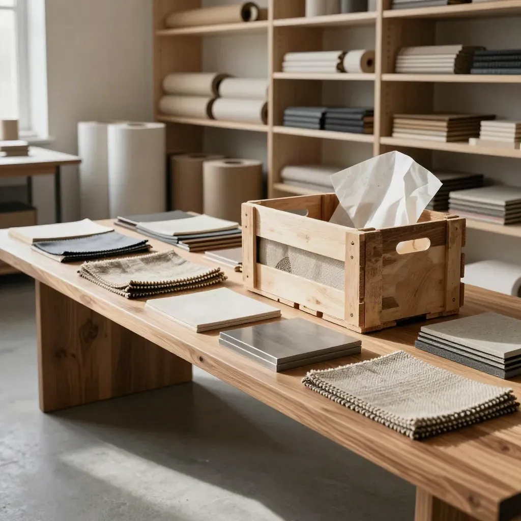 Design studio swatches, paper rolls and a new delivery crate on a bench in soft window haze