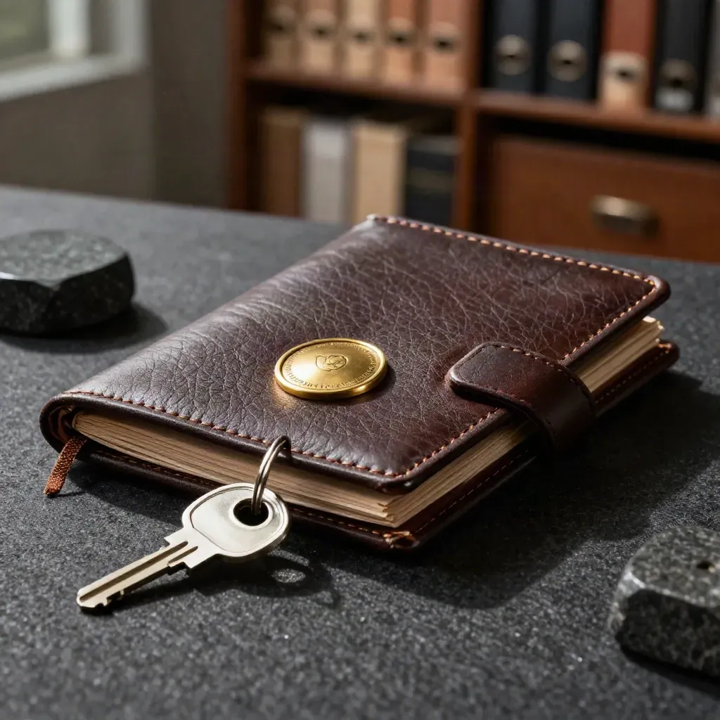Macro still life of leather portfolio, brass seal, key ring and stone weight on charcoal surface.