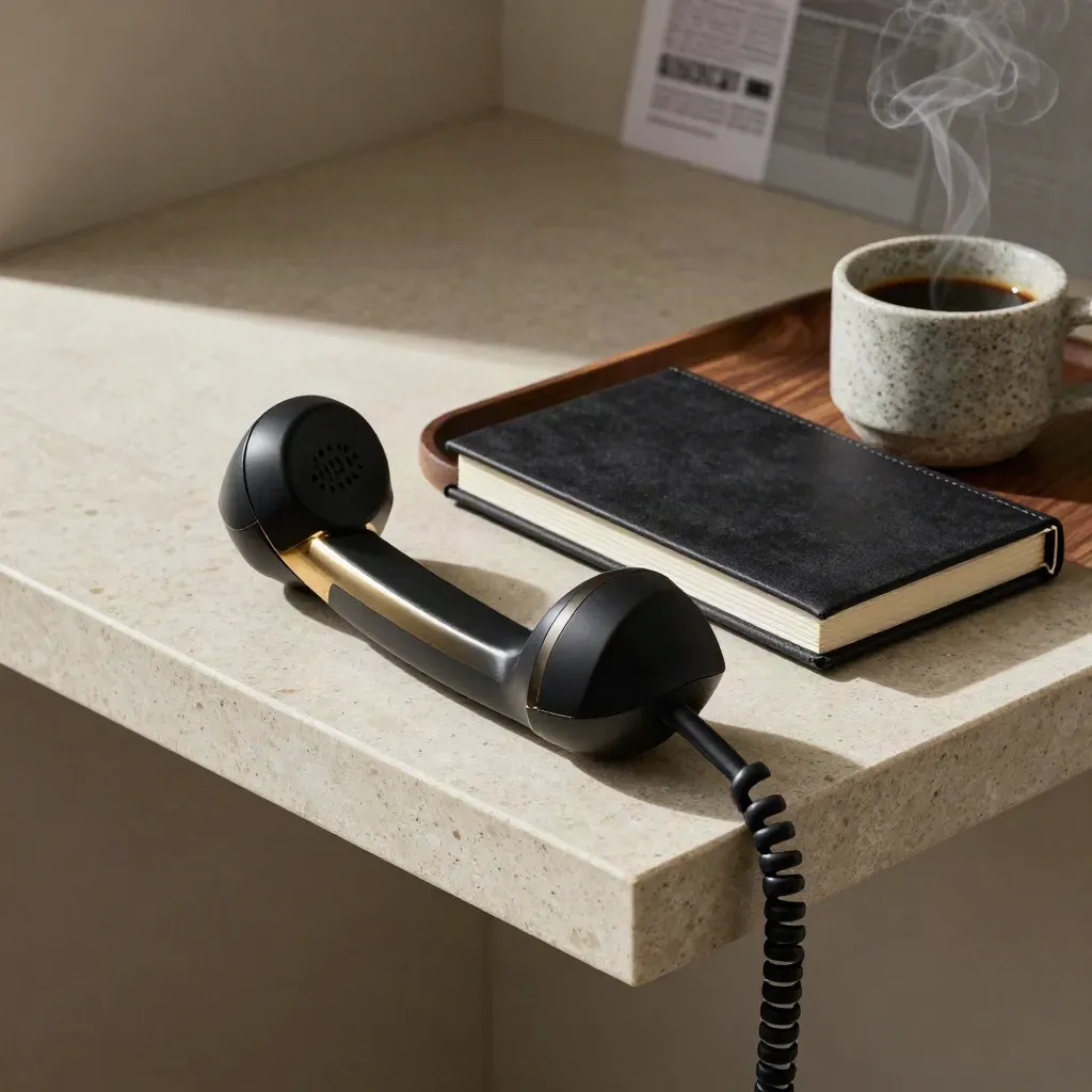 Analog handset, closed memo book, and steaming stone cup on a walnut tray.