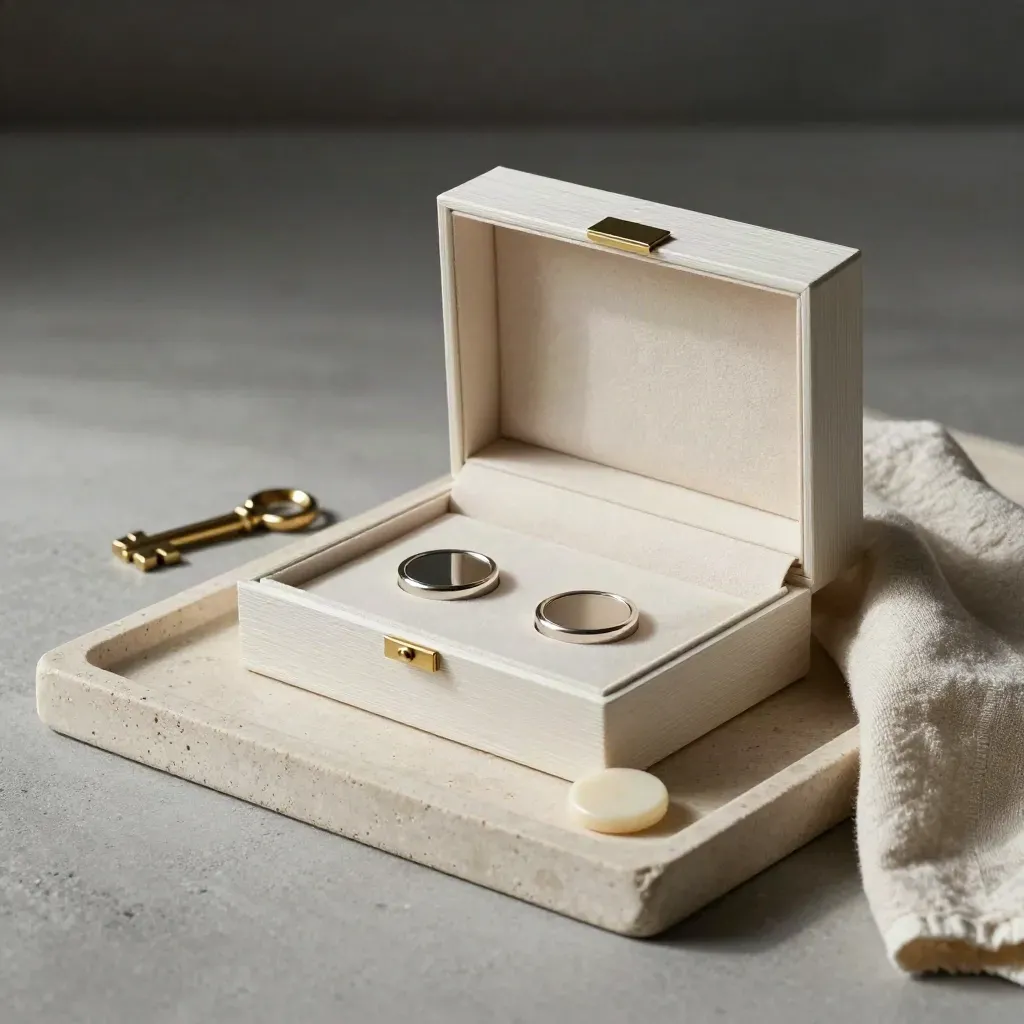 Open presentation box, two metal tokens, and ivory seal disc on a stone tray