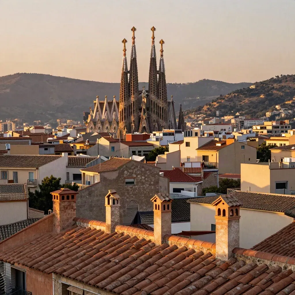 Barcelona rooftops and Sagrada Família spires in warm sunset haze above terracotta hills.