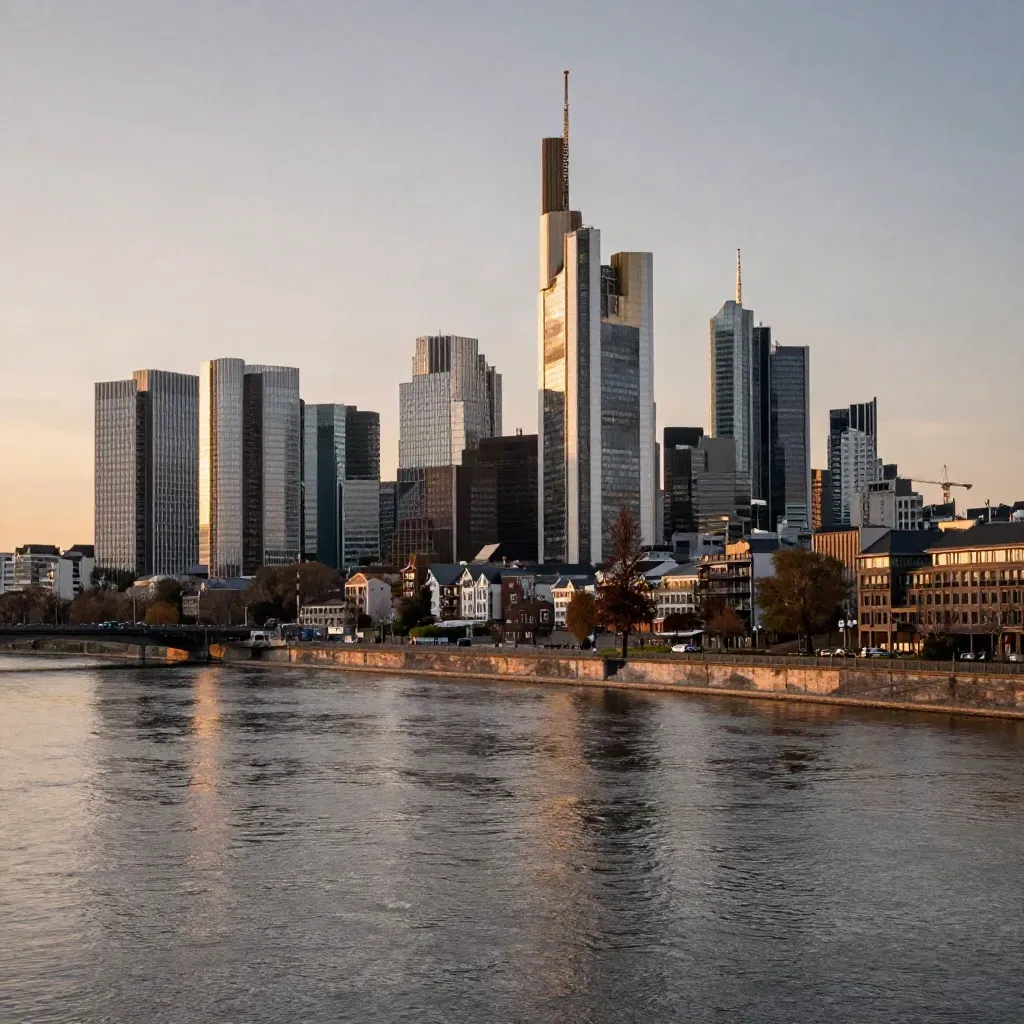 Frankfurt skyline over the Main at golden hour with hazy water and warm dusk light.